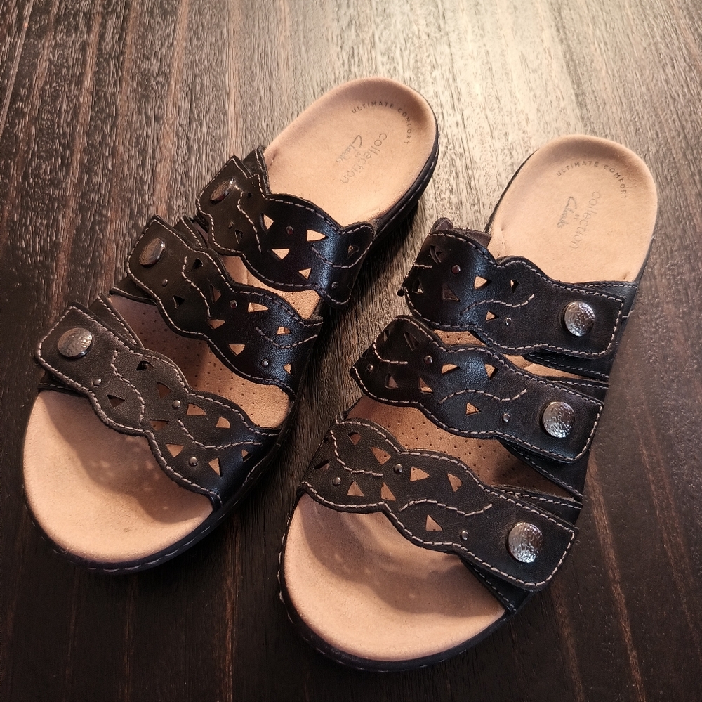 Clark's Collection Leather Cut out Velcro Strap Sandals Black Size 8M